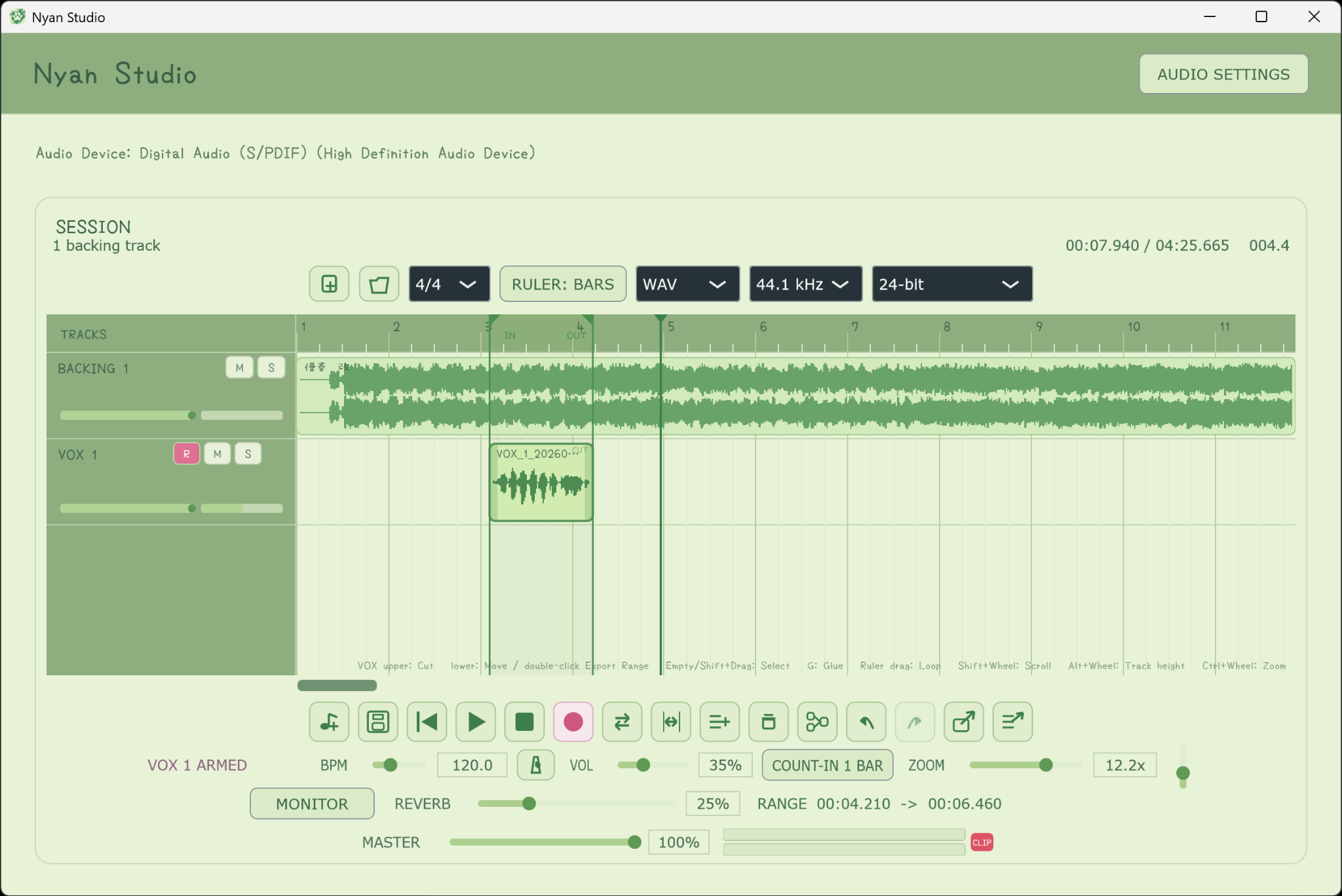 Nyan Studio Export button and RANGE